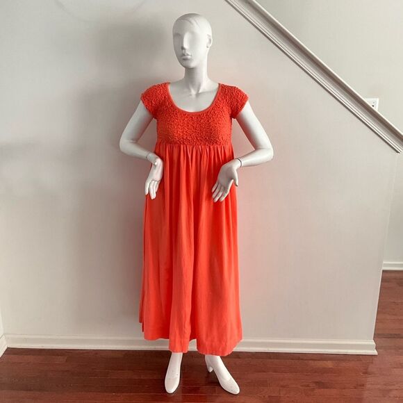 Free People All Eyes On You Smocked Midi Vibrant Orange Dress L - Picture 7 of 10